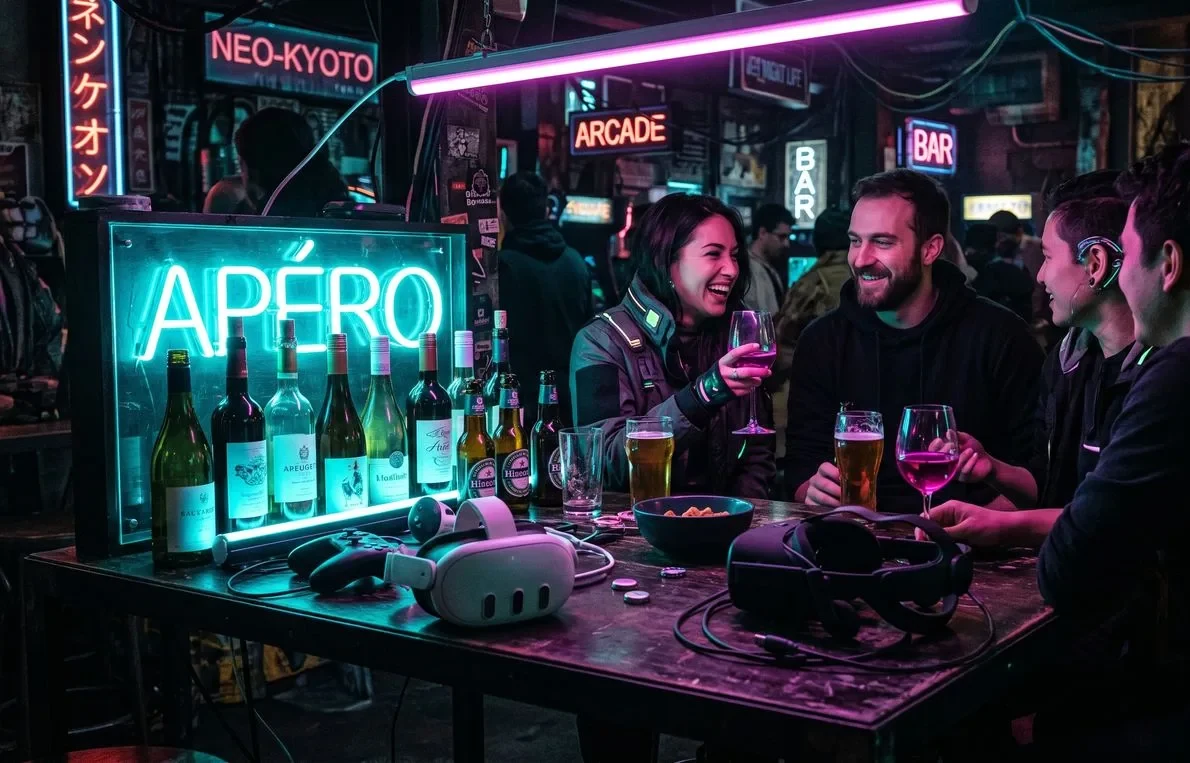 Apéro entre amis · casques VR sur la table · ambiance néon