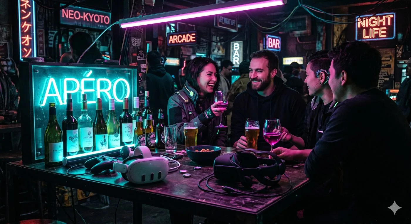 Apéro entre amis · casques VR sur la table · ambiance néon